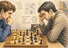 Schaken en filosofie: denken en keuzes Twee schakers bestuderen een stelling op een schaakbord waar strategie, kennis en besluitvorming centraal staan